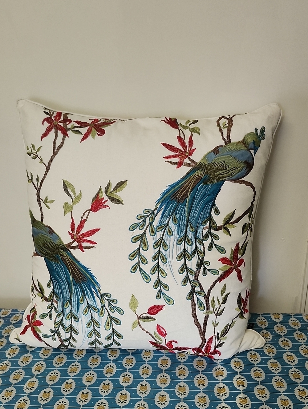 Rodeo Home Embroidered Cotton Peacock Down Filled 24" X 24" Pillow Zipper